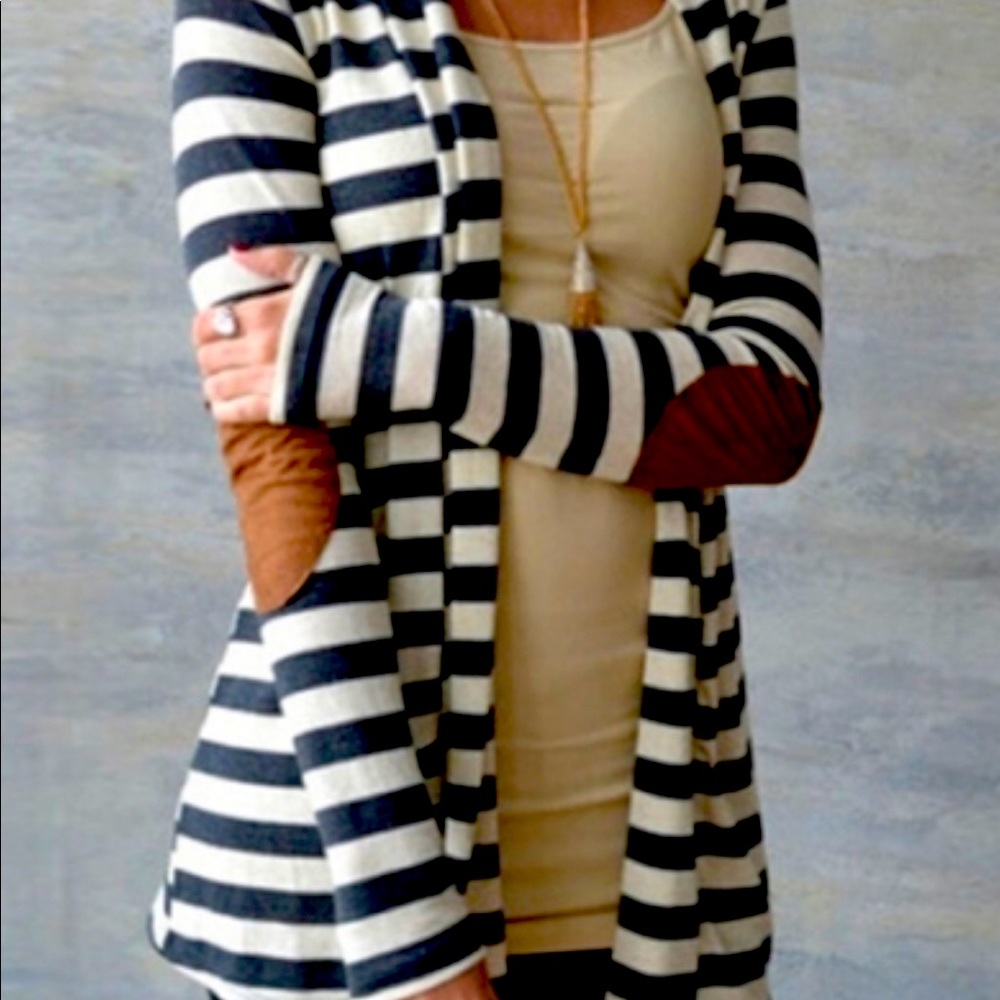 Black and White Striped Cardigan with Leather Patch Elbows